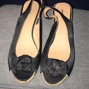 Avenue black slip on black flower heels 11W
